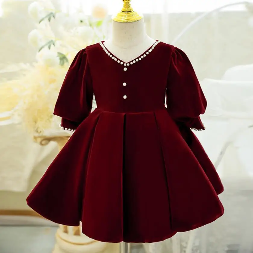 Children's Princess Evening Gown Pearls Puff Sleeve Design Wedding Birthday Baptism Party Clothing Girls Dresses A3320