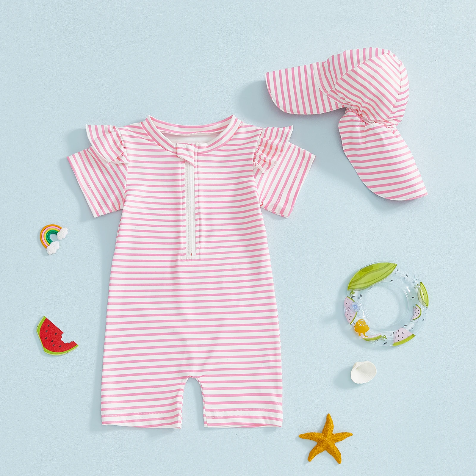 ملابس سباحة للفتيات الصغيرات مع قبعة مكونة من قطعتين، ملابس سباحة مخططة مكشكشة وسحاب وأكمام قصيرة