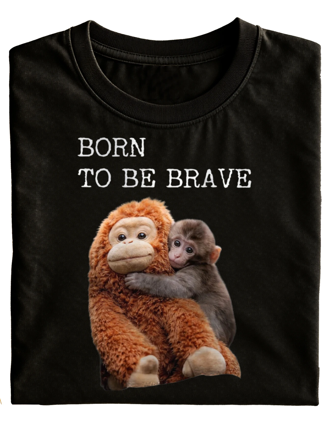 Team Punch New Style Funny Neutral T-Shirt for Men And Women Black Born to Be Brave Monkey And Baby Monkey Print Casual Daily Wear Gift for Holidays   Fashionable Versatile Short Sleeve Top, PLUS SIZE
