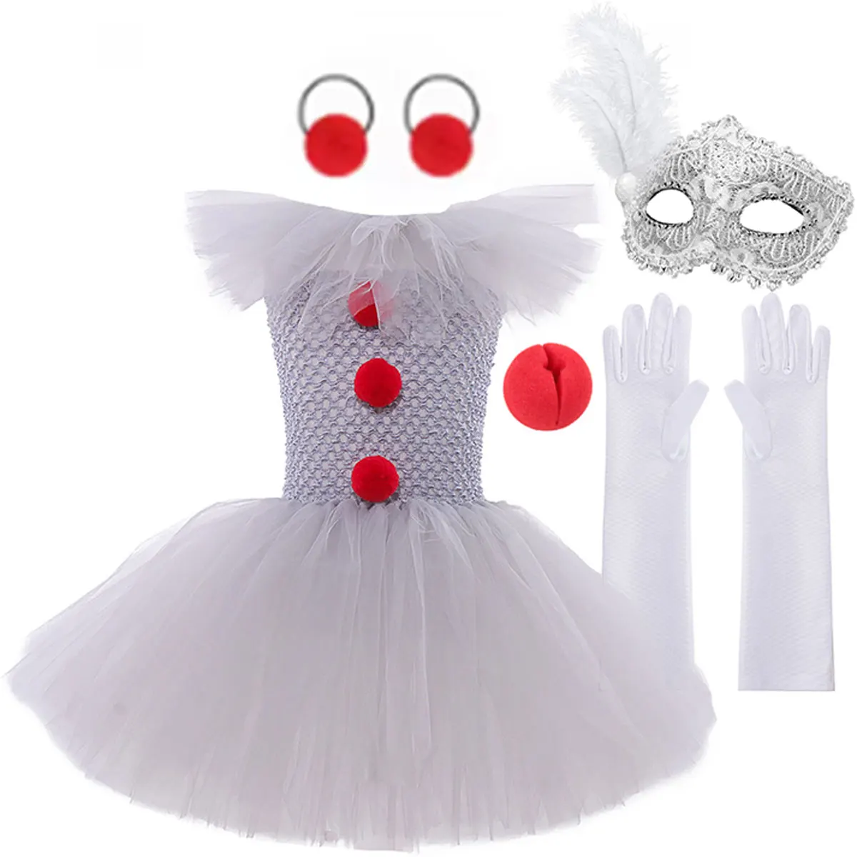 

2025 Classic Halloween Costume For Girl Cosplay Horror Clown Pure White Dress + Red Nose + White Glove Set Baby Birthday Gift