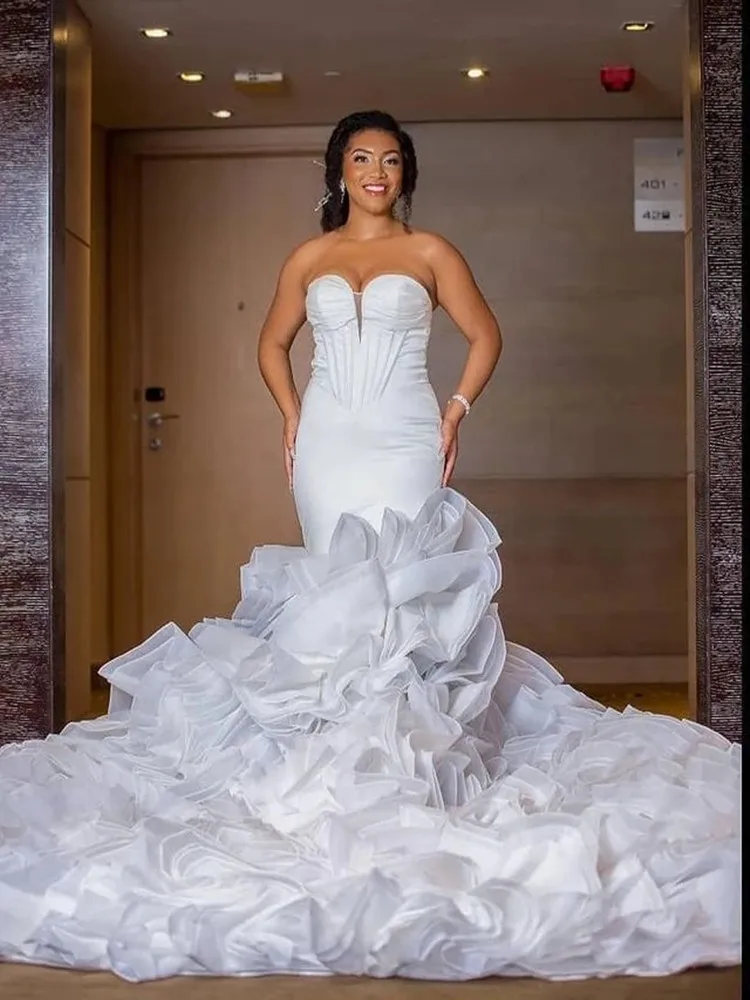 

Индивидуальное милое атласное свадебное платье русалки Vestidos De Novia из органзы с каскадными оборками, свадебное платье