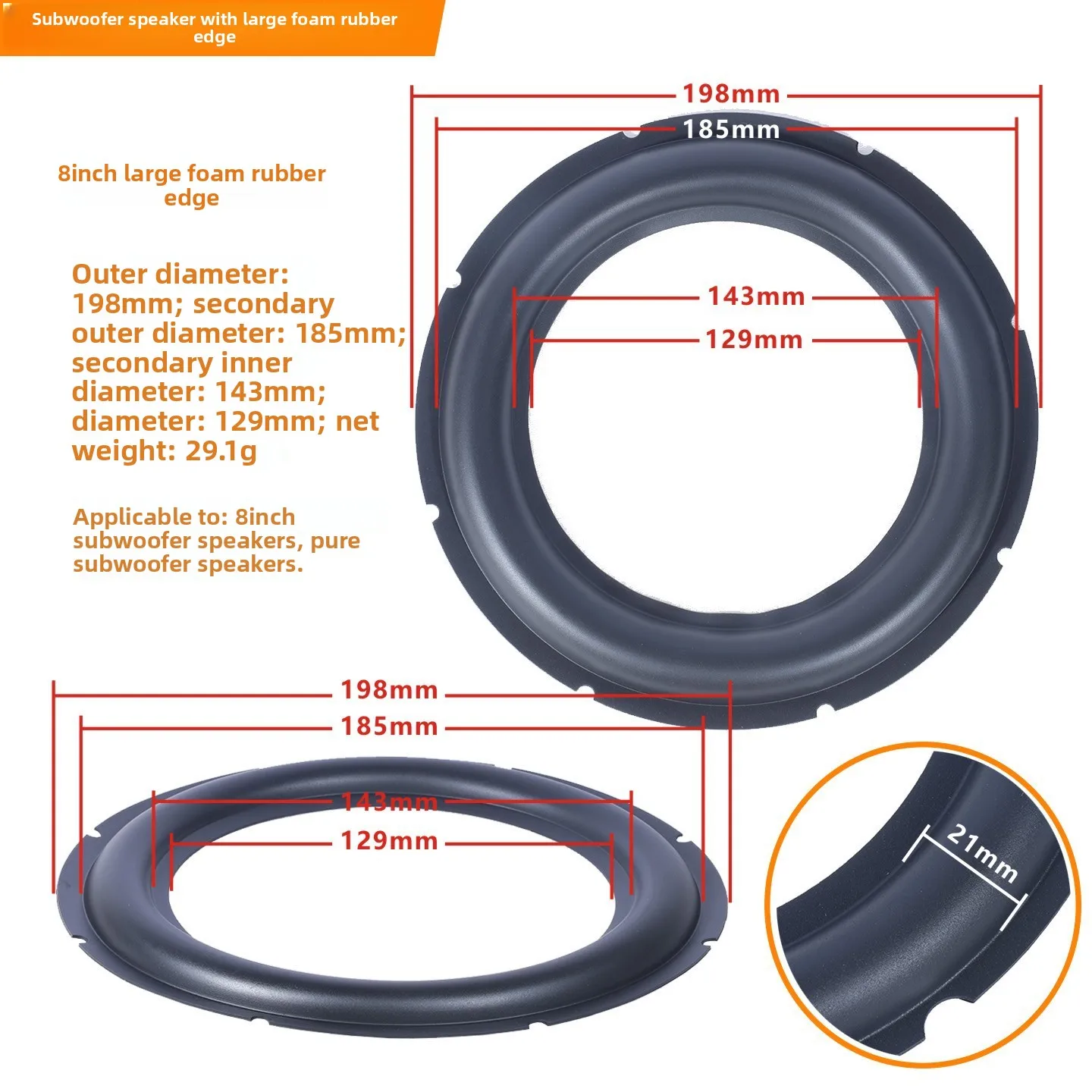 MW Audio, set van 2 rubberen randen voor luidsprekers, 6,5"/8"/10"/12", reparatieband voor de rand van een subwoofer.