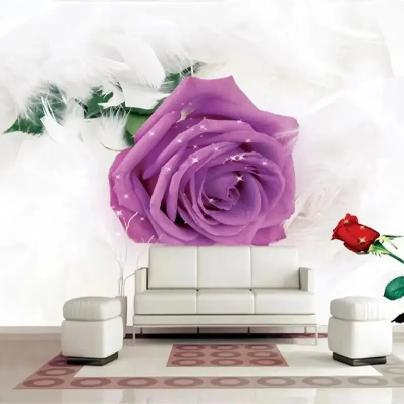 

Пользовательские обои 3d фреска роза перо лист фиолетовый цветочный ТВ фреска роза дым обои домашний декор ресторан украшение комнаты