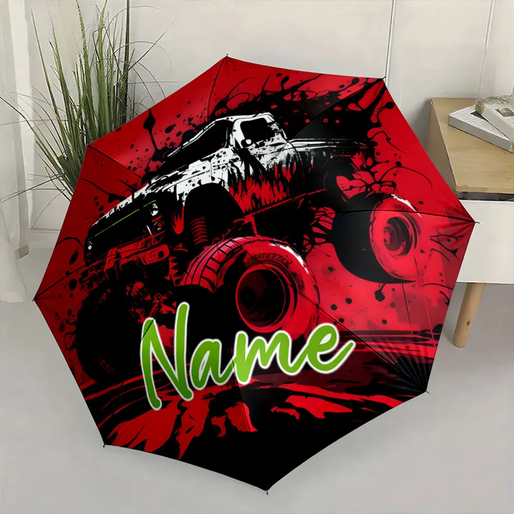 Custom Name Bold Truck Design on Vibrant Red Umbrella Print 8 Iron Ribs Folding Umbrella Auto-Open Fashion Sunshade