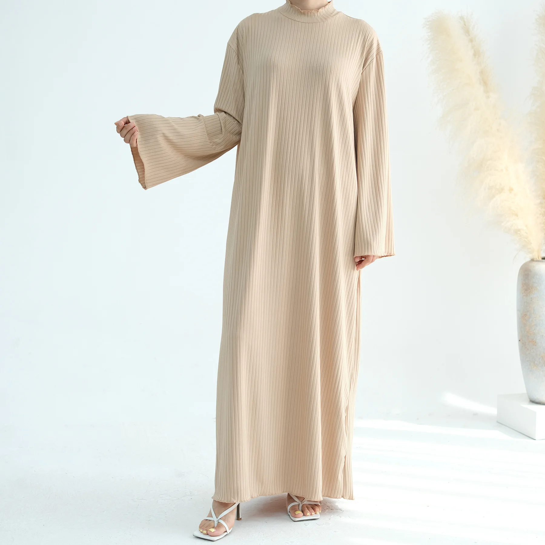 Muslim Women's Stand Collar Loose Under Abaya Dress, Elegant Hijabi Robe, Modest Islamic Clothing, Ramadan Eid, Autumn Winter