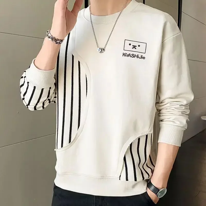 

Male Clothes Top Black Graphic Sweatshirt for Men Pullover Striped Spliced Hoodieless Sweat Shirt No Brand Streetwear Warm Cheap