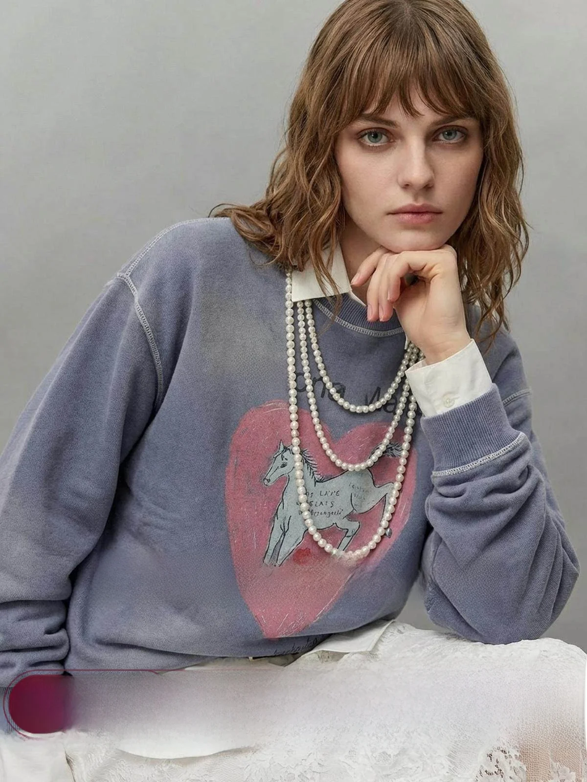 

Blue Fce-Lined Oversized round Ne Sweatirt Women's New Arrival Autumn Season Comfortable Loose Fit Printed Top