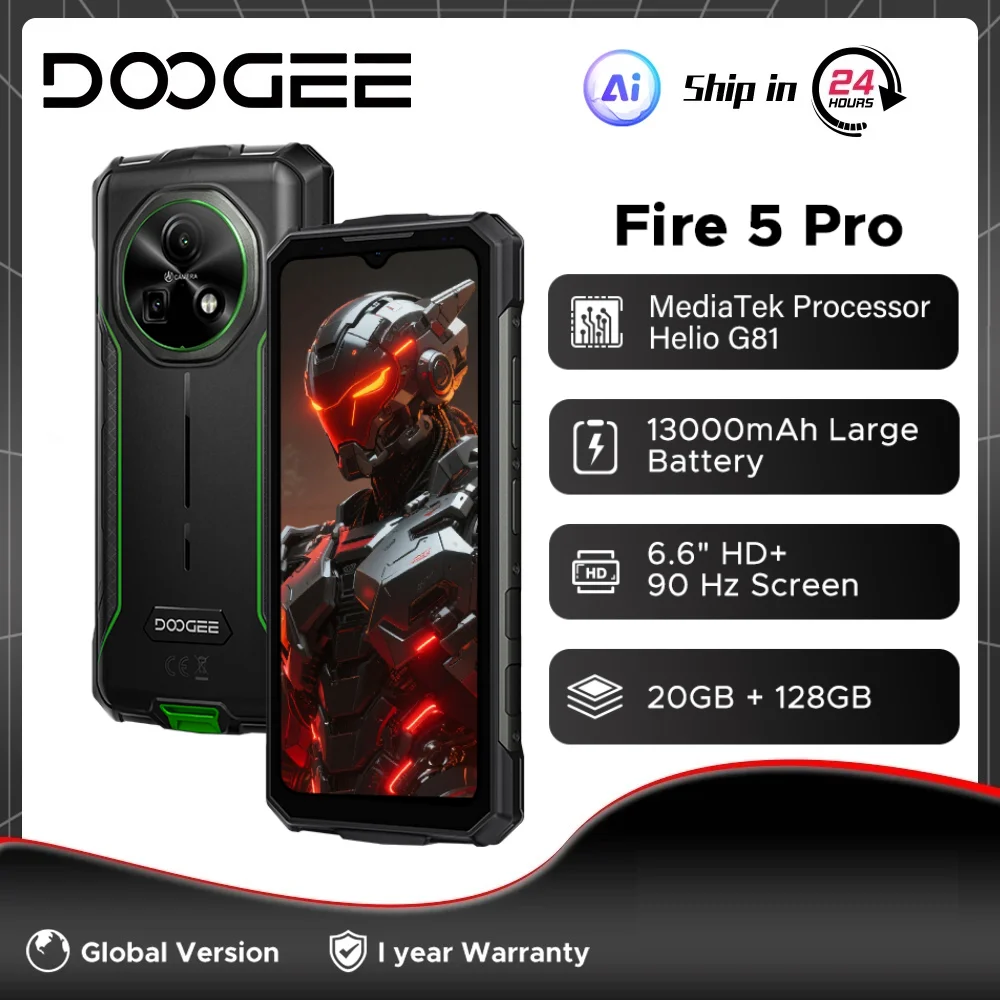 Global Version DOOGEE Fire 5 Pro Rugged Phone MTK Helio G81 13000mAh Large Battery 20GB+128GB 6.6