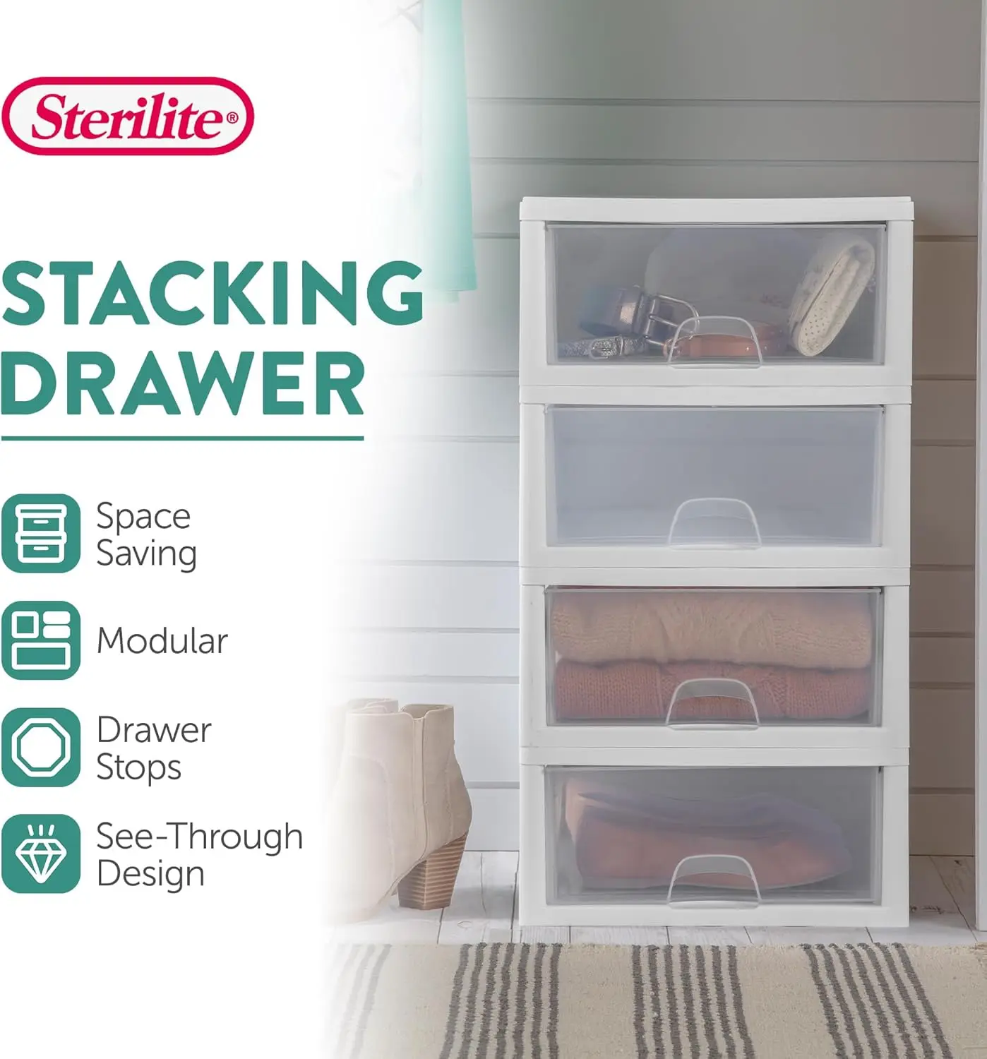 12-Pack Stacking Drawer, Clear Storage Closet Organizer, 16 Quart, White Frame - Stackable Modular Plastic Drawers for Clothes