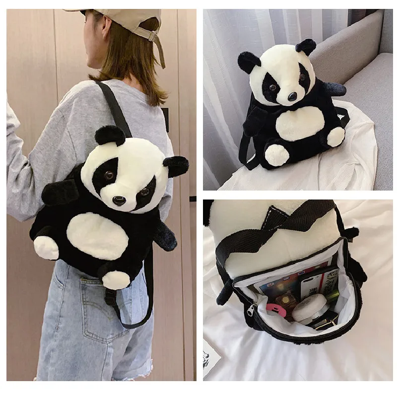 Fille dessin animé Panda Double épaule sac à dos enfants en peluche poupée sac d'école femmes sac maternelle sac d'école