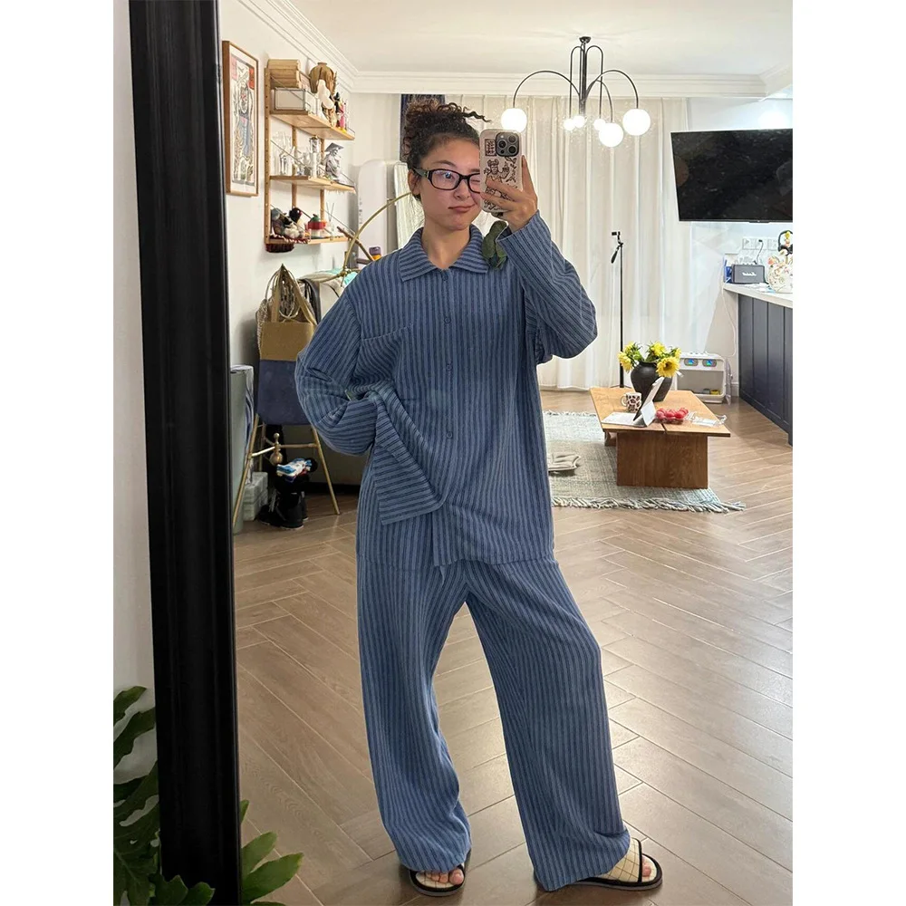 

Blue Striped German Fleece Women's Suit Spring And Autumn 2026 Loungewear Set Can Be Worn As Outerwear 2 Piece Set