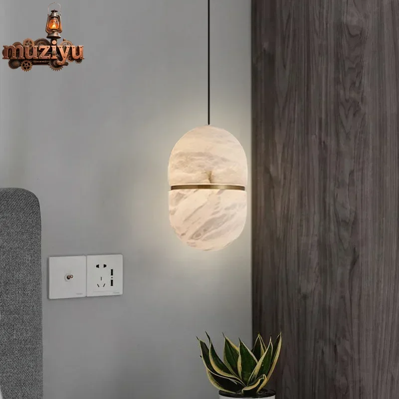 

Muziyu Copper Natural Marble Chandelier Restaurant Bar Bedroom Bedside Study Light Interior Lighting Decoration Alabaster Pendan