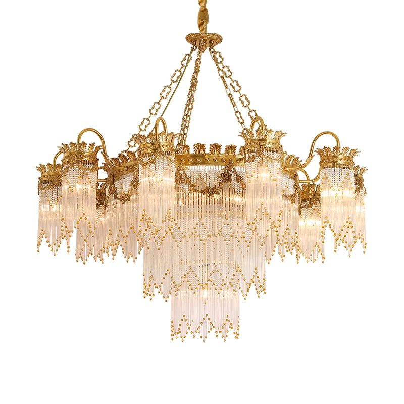 DINGFAN French Copper Living Room Villal Lamp European Restaurant Staircase Atmosphere Brass Crystal Luxury Chandelier