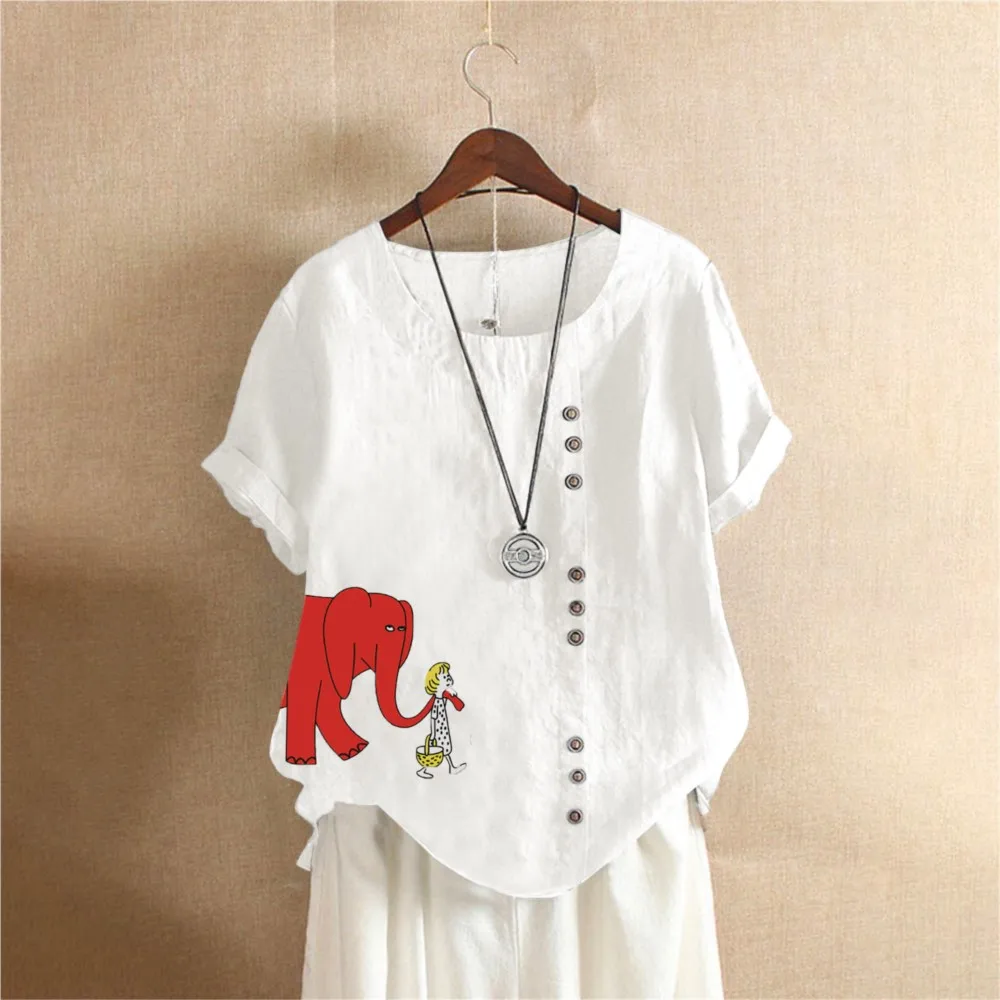 

Повседневная свободная хлопковая льняная футболка в стиле ретро с короткими рукавами, пуловер для женщин, лето 2022, лоскутная блузка с принтом слона и пуговицами, топы