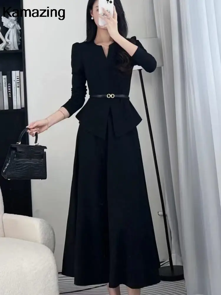 Autumn Winter Women\'s Office Lady Two-piece Skirt Set Solid Long Sleeve Slim Top Midi Skirt Korean Fashion Outfits New Suit