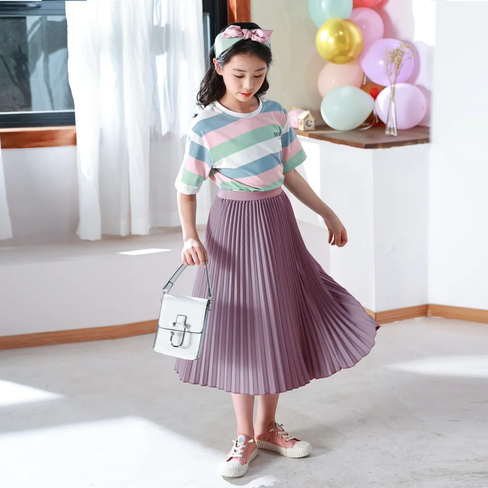 Summer 2026 Girls Long Pleated Skirt Solid Casual All-match Skirt