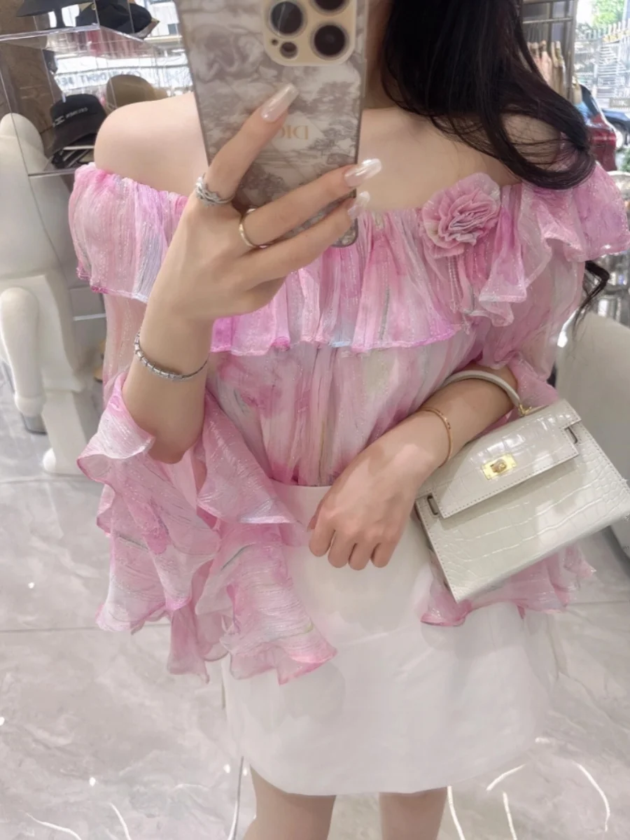 Fashion Off-the-shouler Lotus Leaf Edge Chiffon Shirts Women's 2025 Summer New Light Luxury High-end Blouse Chic Beautiful Tops