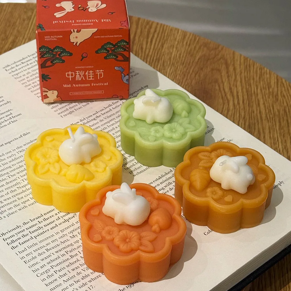 Mid‑Autumn Mooncake Rabbit Shaped Scented Candle Gift Box Soy Wax Aromatherapy Candle Creative Home Decor Ornament