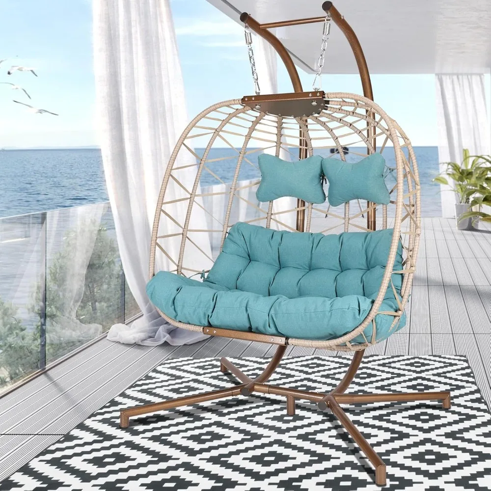 

Indoor Outdoor Oversized Double Hanging Egg Chair with Stand, Foldable Large 2 Person Swing Chair, Hand-Woven PE Wicker