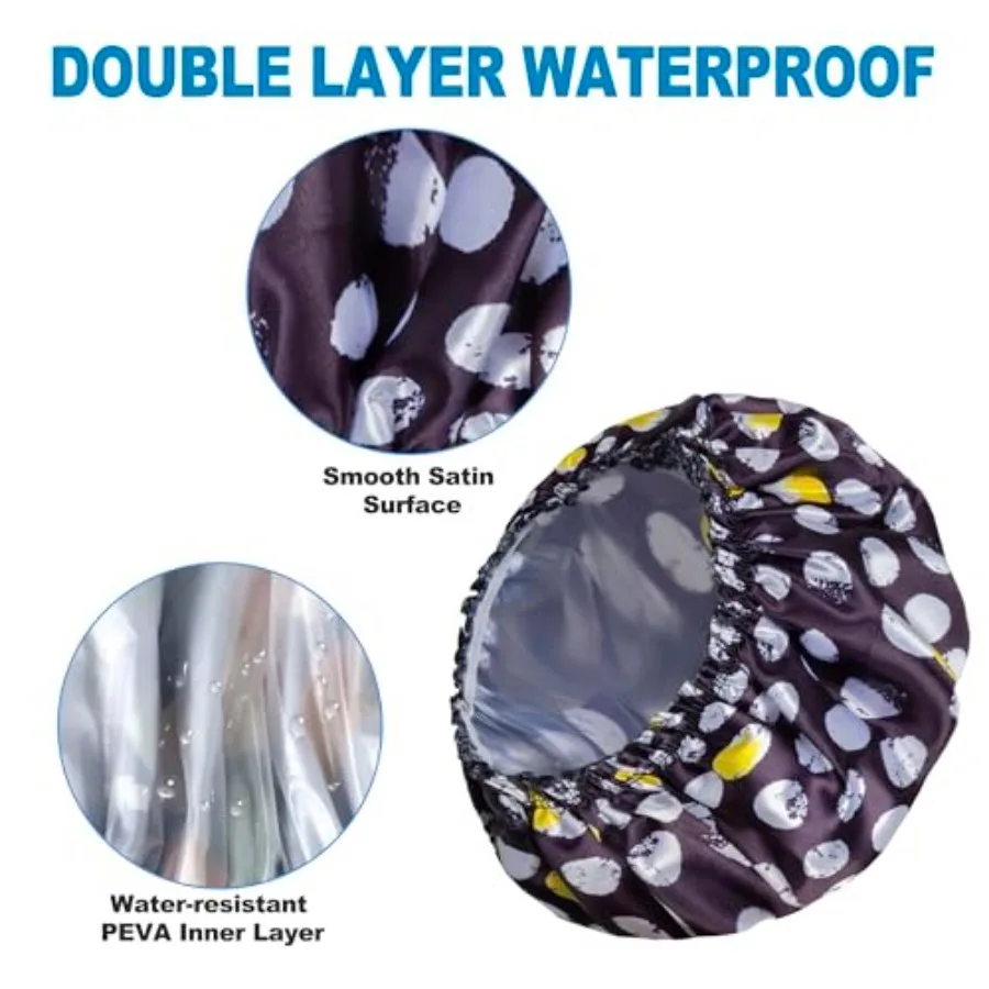 Shower Cap for Women Set of 4, Bath Caps, Double Layers Hair Caps + 2 Satin Hair Scrunchies, Reusable Waterproof Shower Caps, E