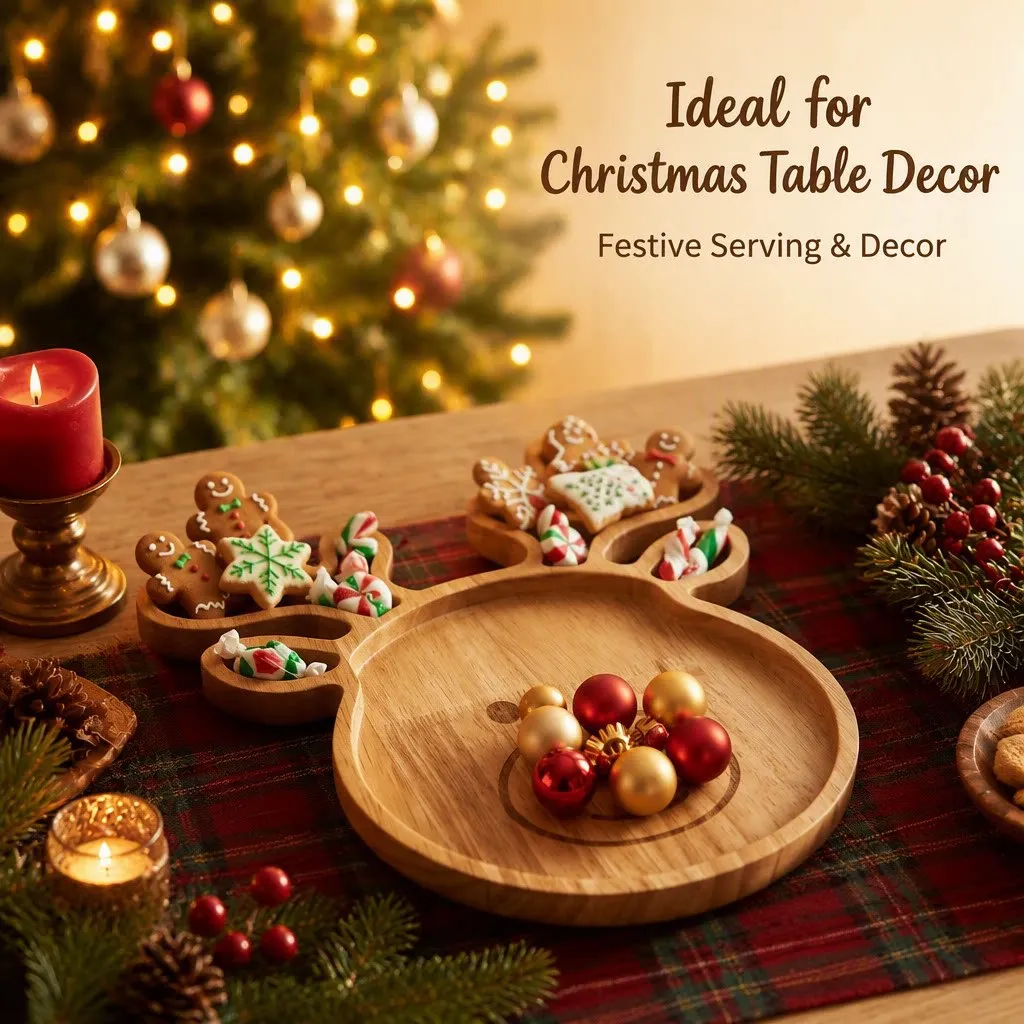 Christmas Wooden Snack Tray Reindeer Gingerbread Tree Shape Divided Serving Plate Xmas Party Food Storage Decor