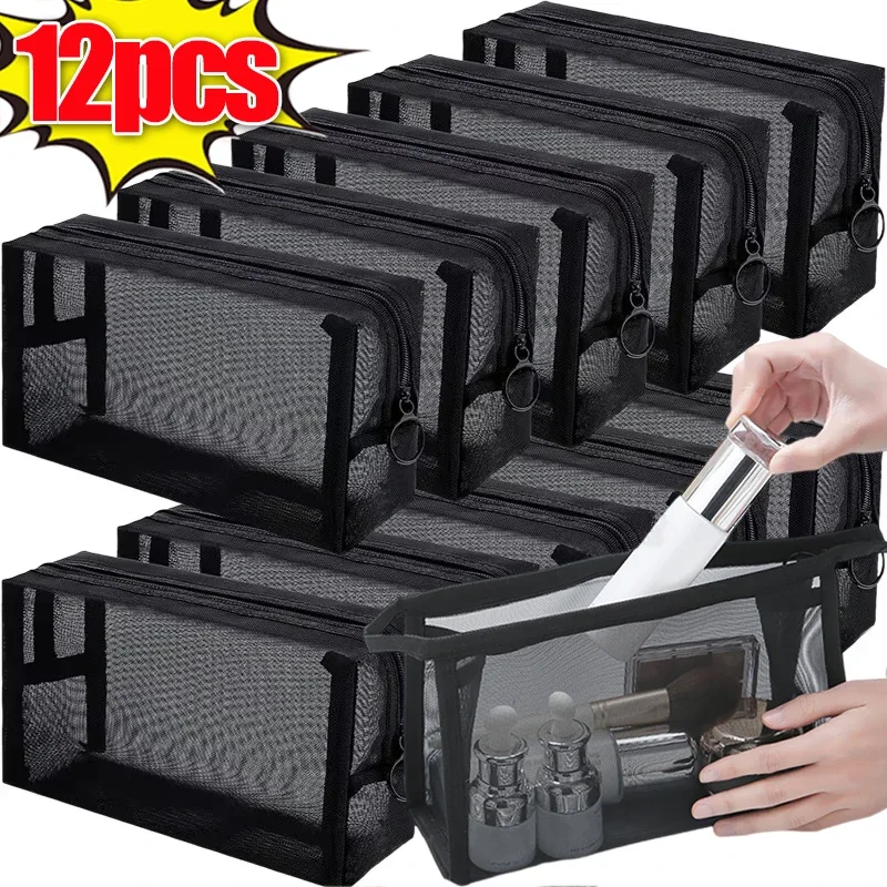 Bolsa de almacenamiento de malla transparente, bolsa de cosméticos negra grande y pequeña, contenedor de artículos de tocador de viaje portátil, bolsas, organizador de baño, 12-1 Uds.