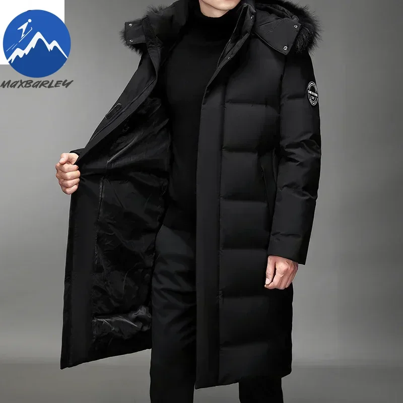 

Luxury Long Down Jacket Men's Winter Korean Style Detachable Fur Collar Cap White Duck Down Warm Coat Brand Lightweight Parka