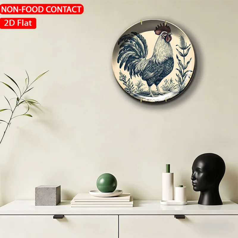 1pc Ceramic Decorative Plate, Blue Rooster Floral Background Art Decorations, Wall Home Decor- for Decorative Purposes Solely,