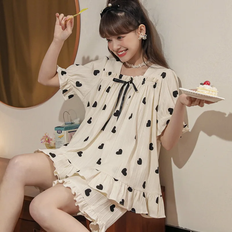 

Summer New Cotton Cute Female Nightwear Lady Loose Casual Sleepwear Women Short Sleeve Homewear Comfort Pajamas