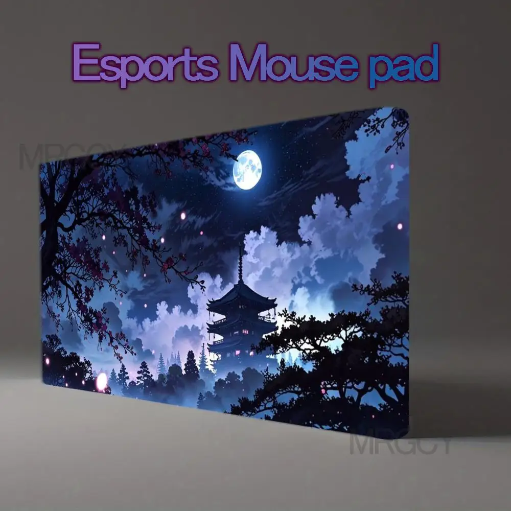 Anime Pagoda Moon Night Large Mouse Pad XXL Full Moon Sakura Branches Misty Japanese Temple Starry Dark Blue Sky Fantasy Night