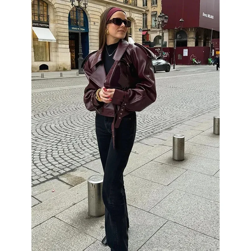 Ximina Elegant Vintage Wine Red Lapel Jackets Women Chic Belt Slim Cropped Coat Spring Fashion Lady High Street Party Outerwear