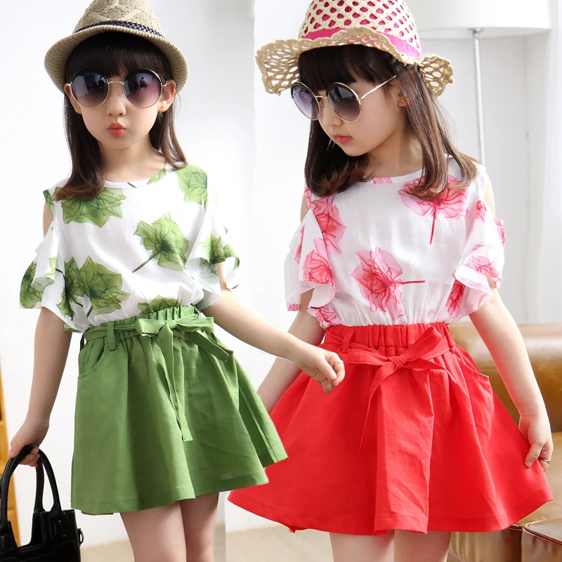 New Summer Girls Clothing Set Full Print Big Flower Off Shoulder Bat T-shirt + Short Skirt 2Pcs Outfit For Kids Children Present