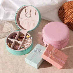 Blue Pink Color Round Square Jewelry Box Necklaces Earrings Rings Storage Box Portable Pu Leather Travel Jewelry Case Boxes K-