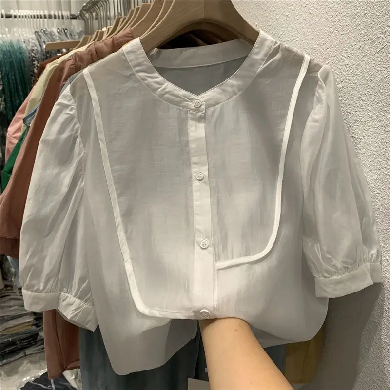 Blusa de gasa de manga corta para mujer, camisa de seda Artificial, ropa de verano, novedad de 2023