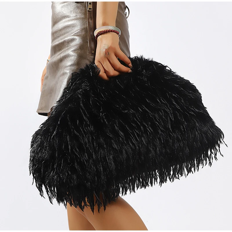 Y2k Mädchen Lange Lockige Flauschige Kunstfell-Clutch-Tasche, Damen Wolken-Plüsch-Textur Party Hochzeit Elegante Abendtasche, Herbst Winter – Detail 5