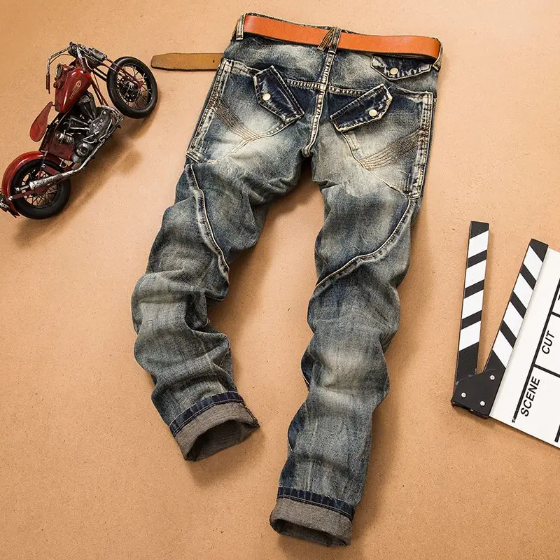 Men's clothing spring and autumn vintage jeans stitching beggar distressed patch slim-fit straight long pants