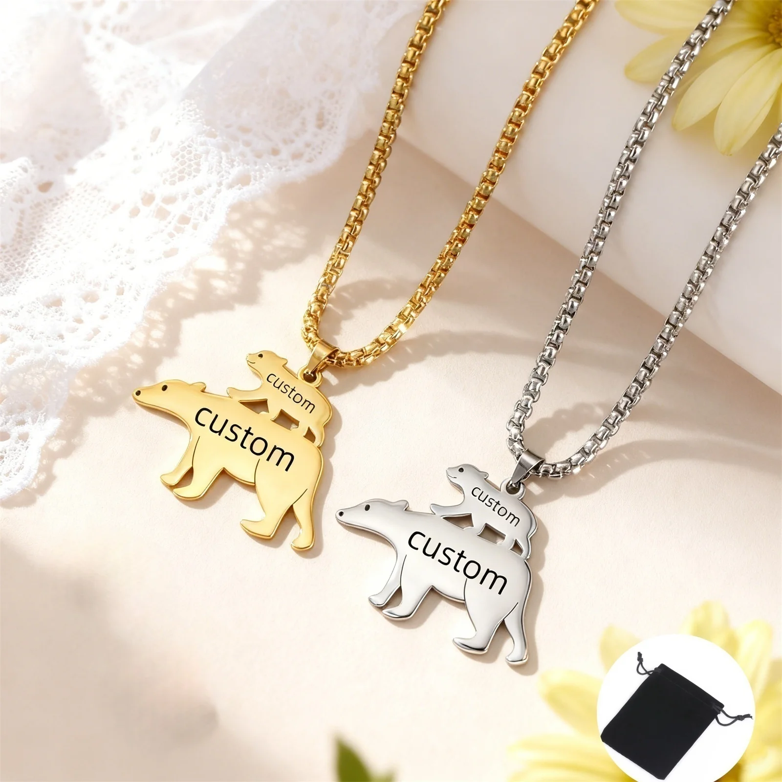 Customized Name Text Date Size Polar Bear Necklace Stainless Steel Animal Polar Bear Sweater Chain Fashion Mother's Day Gift