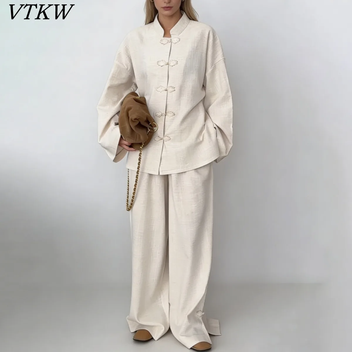 

VTKW 2026 New Women Fashion Two Piece Set Mandarin Collar Frog Button Shirt Wide Leg Pants Linen Style Elegant Casual Outfit