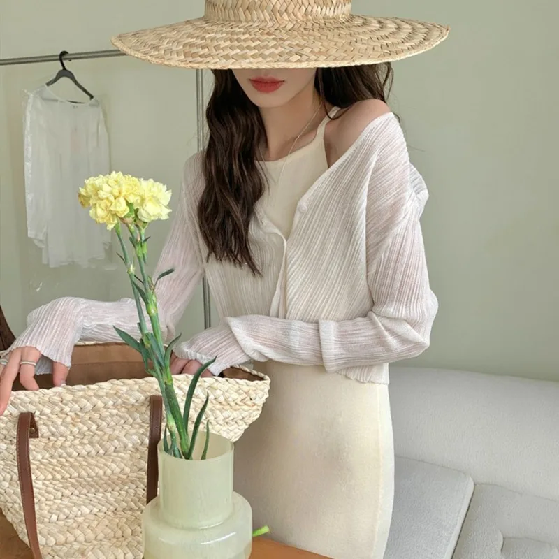 Women Cardigan V-neck Long Sleeve Female Shirt Sun Protection Lady Short Thin Morandi Top Summer Casual Sun Protection Tees