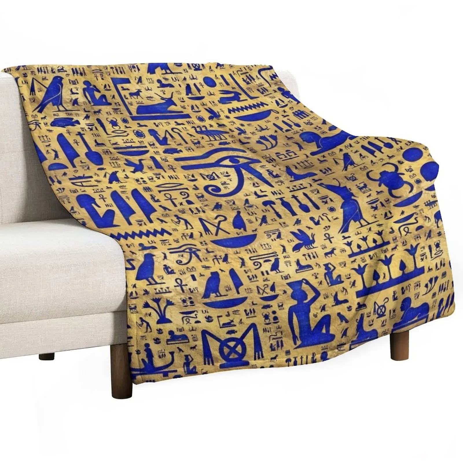 Egyptian hieroglyphic Lapis Lazuli and Gold Throw Blanket Plaid on the sofa Custom Blankets