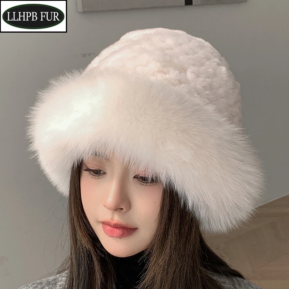 

Women Luxury Winter Hat Real Rex Rabbit Fur Bomber Hats Lady Winter Genuine Fox Fur Cap Beanies Warm Soft Fluffy Natural Fur Hat