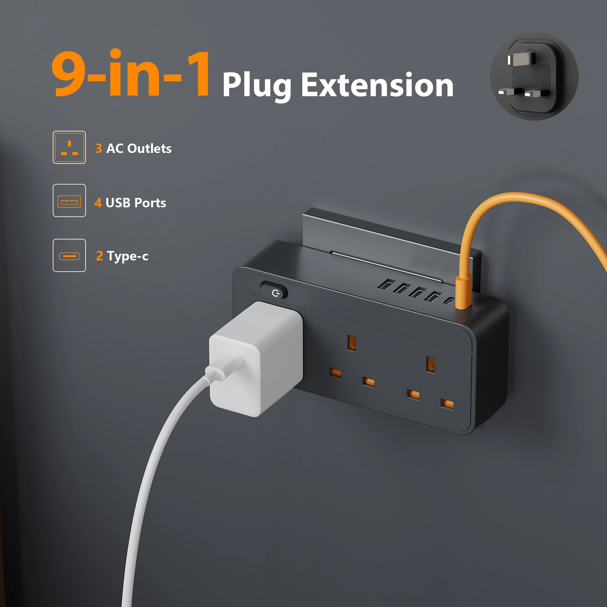 

Многоразъемный удлинитель 9 в 1 с USB, настенный разветвитель с 6 USB-портами (2 USB C) и 3 штекерами, черный