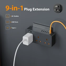 9-in-1 Multi-Plug Receptacle Extender with USB, Wall Outlet Splitter with 6 USB Ports (2 USB C) and 3 Receptacles, Black
