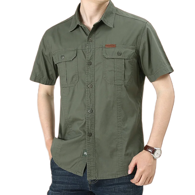Summer-Men's-Multi-Pocket-Workwear-Shirt-Cotton-Casual-Men's-Short-Sleeved-Shirt-Sleeve-Solid-Color-Work-Tops-For-Male