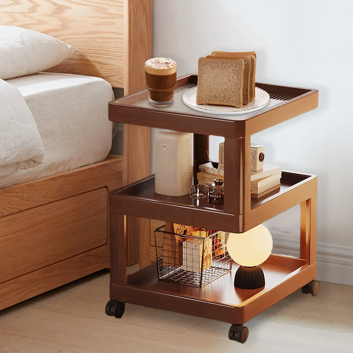 Geometric 3-Tier Bamboo Storage Side Table with Acrylic Surface & Wheels, Tea Brown Living Bedroom Furniture image 5