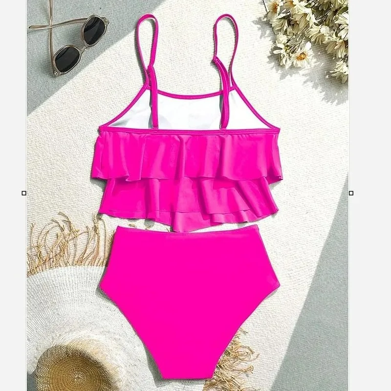 2026 New Arrival Two Piece Bikinis Girls Swimsuit Solid Color Kids Swimwear Slim Ruffle Bathing Suit