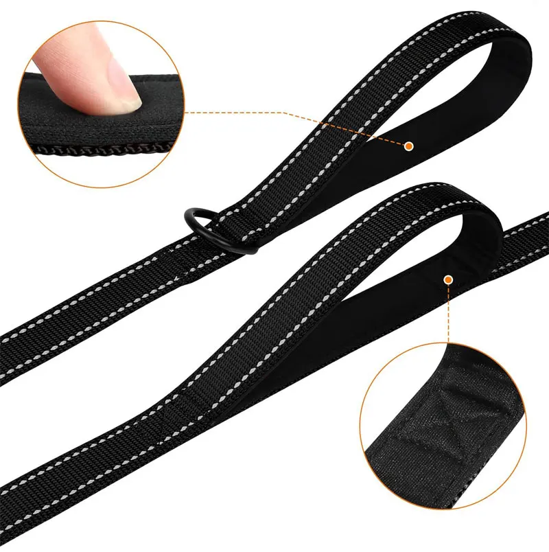 Lange, gepolsterte Hundeleine aus strapazierfähigem Nylon mit zwei Griffen für Training und Kontrolle, doppelseitig reflektierend für nächtliche Sicherheit – Detail 4