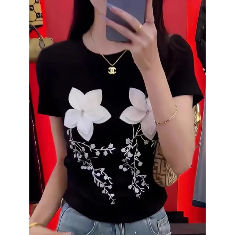 Jerséis informales de moda para mujer, suéter tejido de manga corta con cuello redondo y apliques, suelto para mujer, novedad de primavera y verano 2025