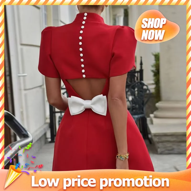 Fashion Red 3d Bow Hollow Out Mini Dress Women Chic Button O-neck Short Sleeve High Waist Dresses 2024 Summer Lady Party Robes