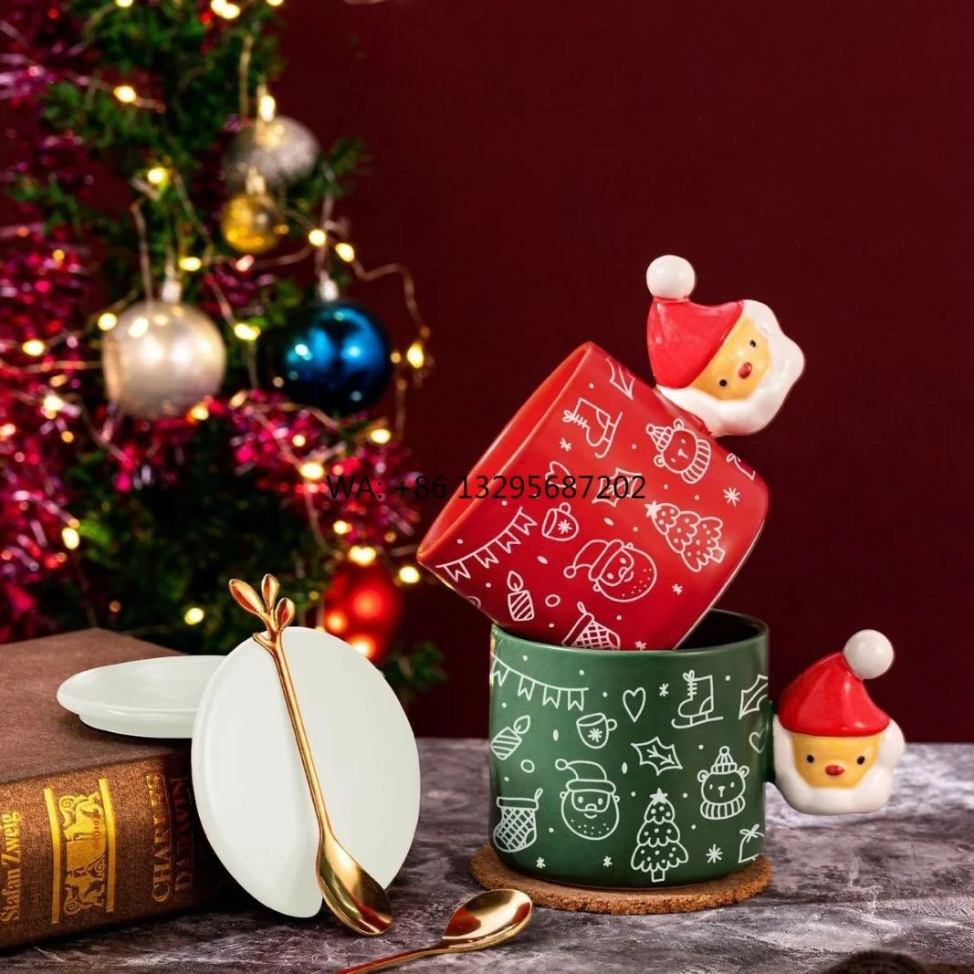 

Large Capacity Christmas Ceramic Cup Mirror Finish Classic Couple Mug for Party Elegant Graffiti Lid for Accompanying Ceremonies